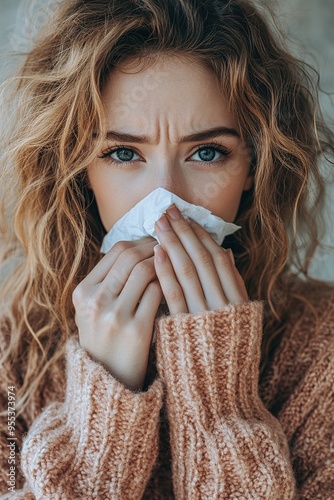 Young said displeased upset woman wear hold napkin blowing nose isolated on plain background studio portrait. ill sick disease treatment cold season concept. The girl sneezes into a handkerchief photo