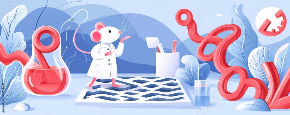 A cartoon mouse scientist conducts research in a lab, surrounded by colorful test tubes and abstract shapes, showcasing creativity. A cartoon mouse scientist conducts research in a lab, surrounded by colorful test tubes and abstract shapes, showcasing creativity.