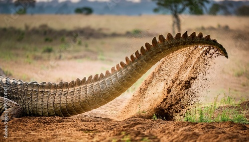  The strong, scaly tail of a crocodile swinging upward, breaking through turf and scattering 