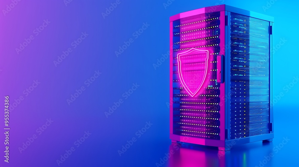 A server rack with a glowing shield icon representing cyber security on a vibrant blue and purple background. A server rack with a glowing shield icon representing cyber security on a vibrant blue and purple background.