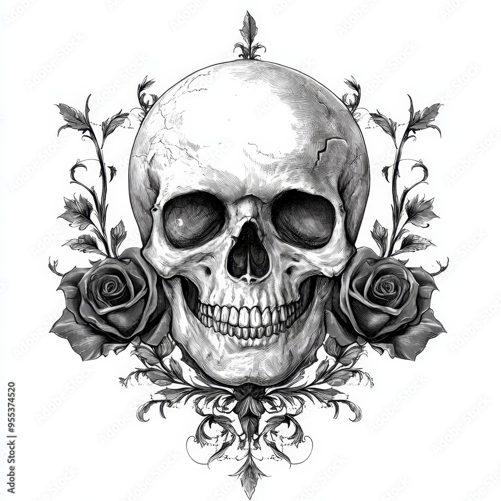 Fototapeta premium Elegant skull logo adorned with roses in Gothic romantic style against a white backdrop