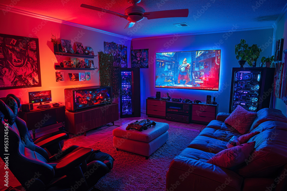 A wide angle photograph of a large video gamer living room in a house with red and blue lights. A wide angle photograph of a large video gamer living room in a house with red and blue lights.