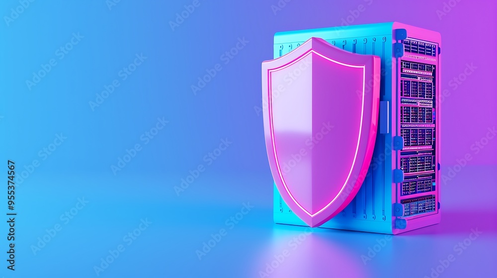 A server with a protective shield symbolizing data security and protection in a modern, colorful setting. A server with a protective shield symbolizing data security and protection in a modern, colorful setting.