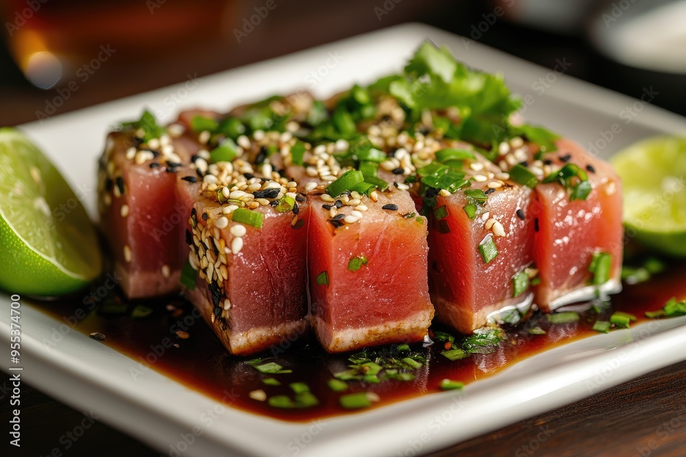 Seared tuna cubes with sesame seeds and lime. This image showcases a delicious and healthy meal option for a restaurant menu or food blog. Seared tuna cubes with sesame seeds and lime. This image showcases a delicious and healthy meal option for a restaurant menu or food blog.