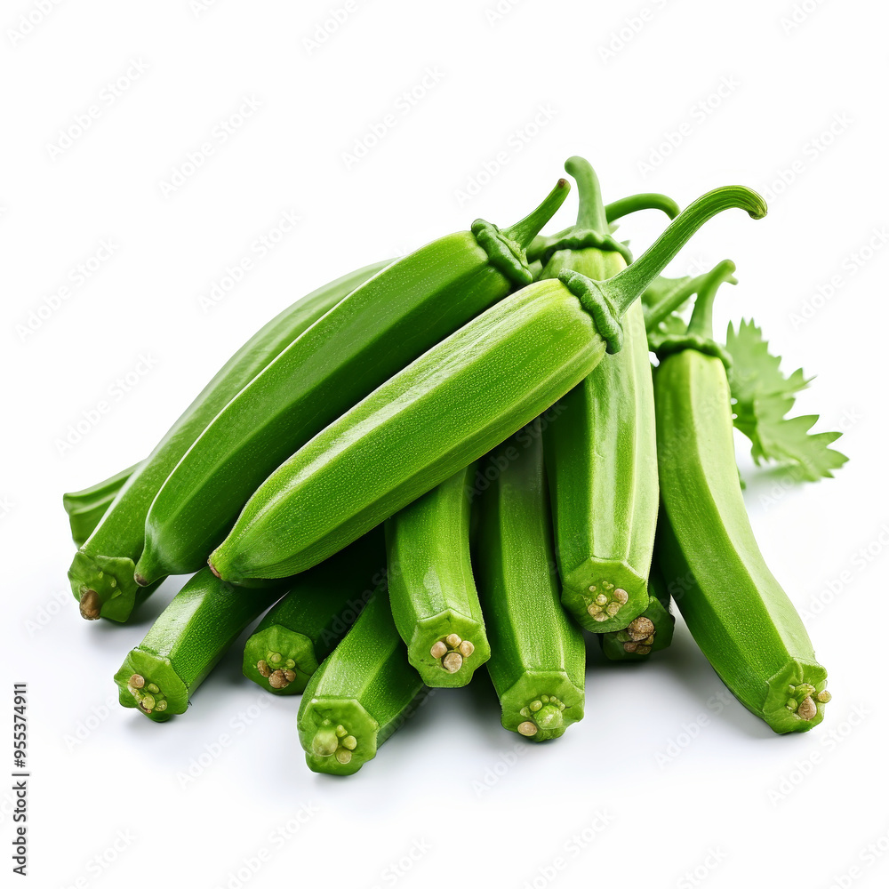 Fresh green okra pods isolated on a clean white background Fresh green okra pods isolated on a clean white background