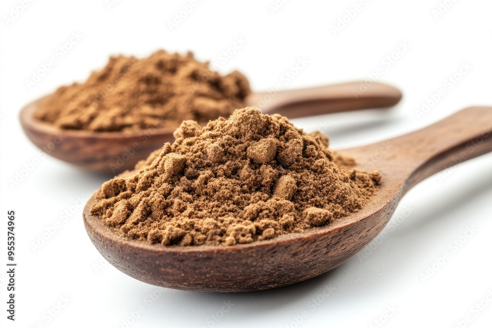 Brown powder in wooden spoons. Ideal for illustrating recipes, food blogs, or articles about spices and flavorings. Brown powder in wooden spoons. Ideal for illustrating recipes, food blogs, or articles about spices and flavorings.