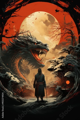 Illustration of a samurai standing in front of a dragon