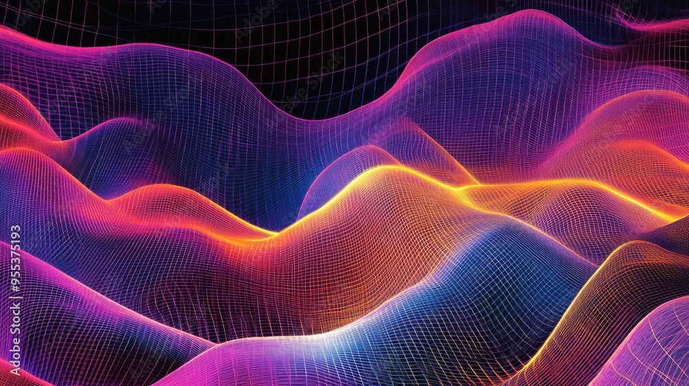 Abstract multicolor background featuring a digital wave and square pattern in a line art illustration style Abstract multicolor background featuring a digital wave and square pattern in a line art illustration style