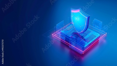 Abstract 3D illustration of a security shield on a digital platform, symbolizing cybersecurity and data protection in a blue neon theme.