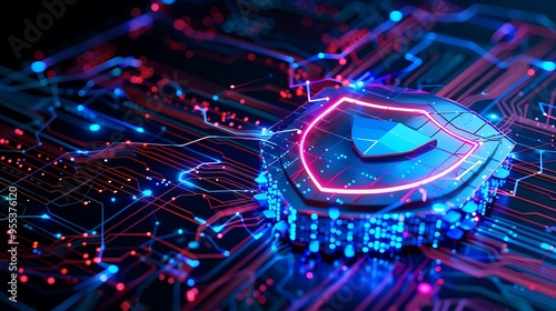 Abstract digital security concept showcasing a glowing shield on a futuristic circuit board with vibrant blue and red lights.