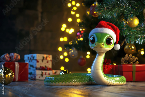 Cute snake under the Christmas tree. 2025 year of the snake calendar