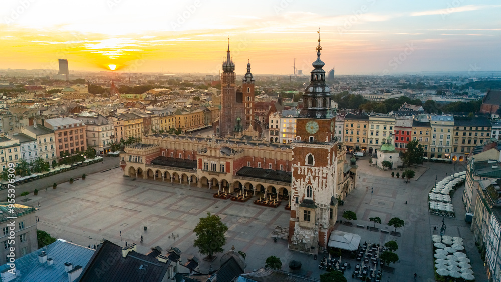 Fototapeta premium central market square of krakow in poland at dawn in summer view from above