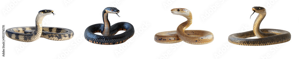 Different snakes with open mouth coiled in an attack position on a white background danger concept Different snakes with open mouth coiled in an attack position on a white background danger concept