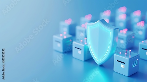 Abstract image of cybersecurity protection with shield and blockchain technology background, blue tones. Ideal for tech and data security concepts.