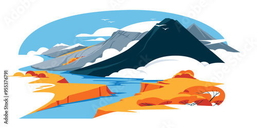 autumn mountain landscape. Calm blue river. Orange and yellow season. Vector flat illustration