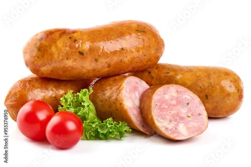 Grilled bavarian sausages, isolated on white background photo