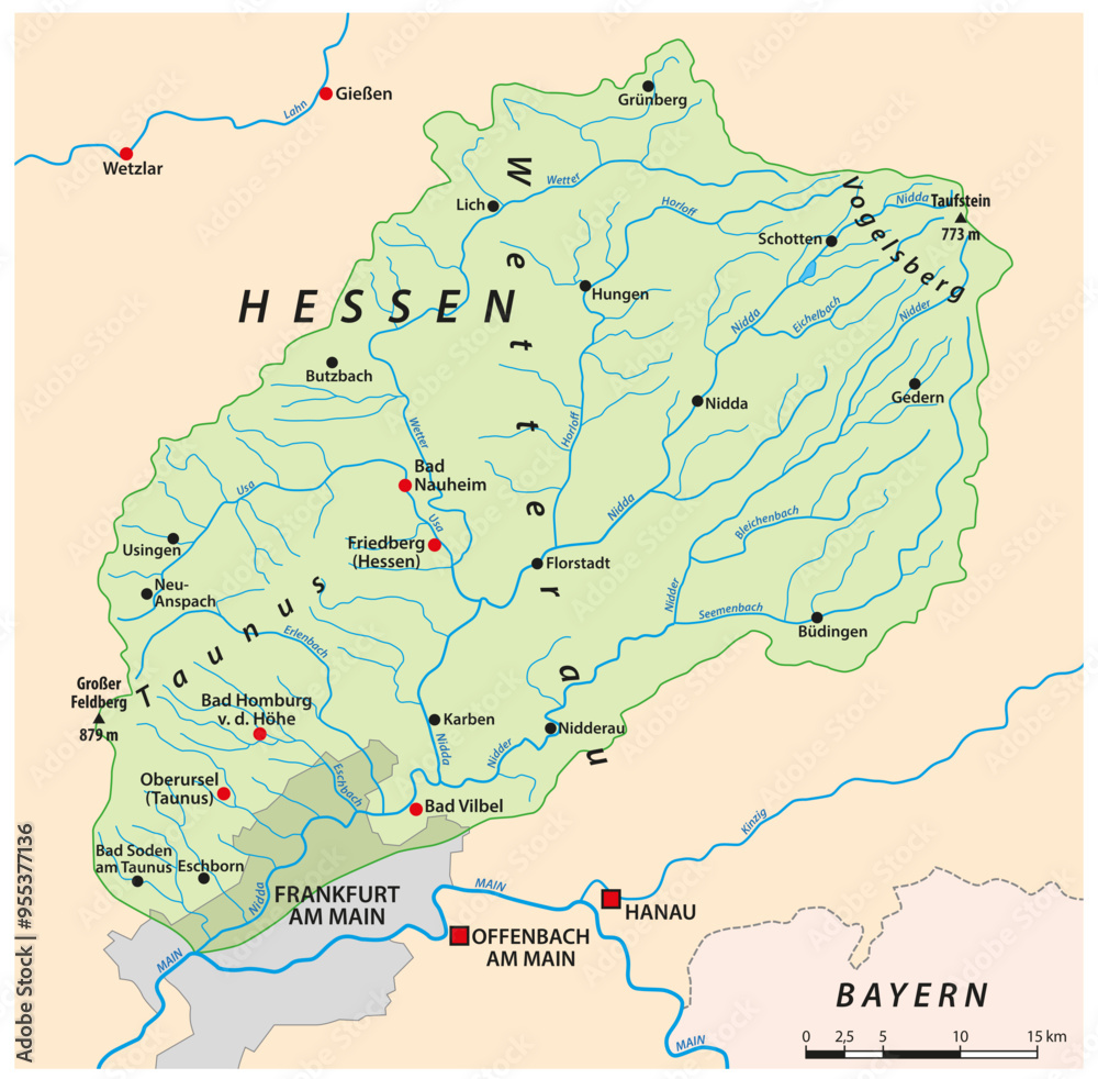 Fototapeta premium Map of the tributaries and drainage basins of the Hessian river Nidda, Germany