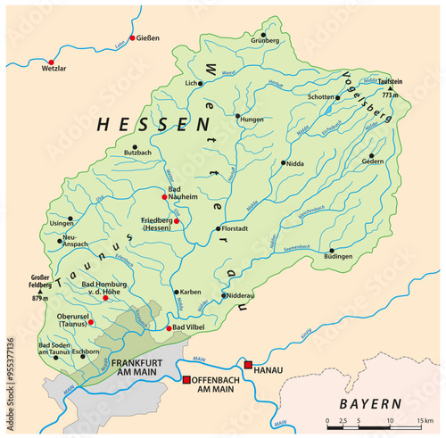Map of the tributaries and drainage basins of the Hessian river Nidda, Germany