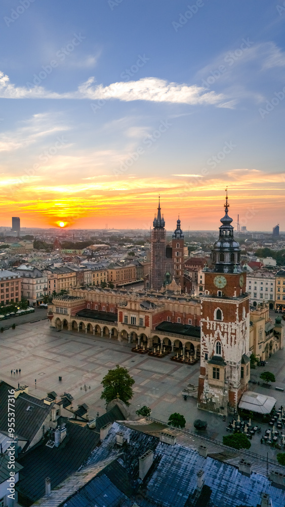 Fototapeta premium central market square of krakow in poland at dawn in summer view from above