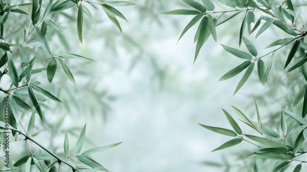 Fototapeta premium Bamboo leaves frame, minimalist, light mint, olive tones