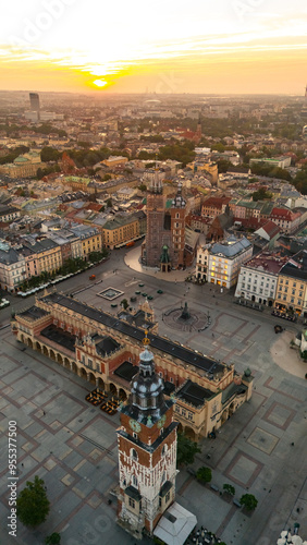 central market square of krakow in poland at dawn in summer view from above