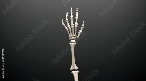 Human forearm and hand bones shown in detailed anatomical pose, suitable for medical illustrations, educational materials, and scientific presentations. photo