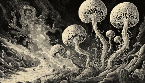 Vintage line art illustration depicting the release of Cyclospora Cayetanensis spores through a detailed engraving technique photo