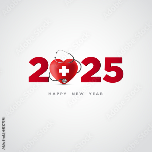 Red heard a medical sign with Stethoscope 2025 on a red background, Happy New Year for health care, Insurance, Wellness, and creative medical concepts. Celebrate the new year with Doctors, Nurses & Me