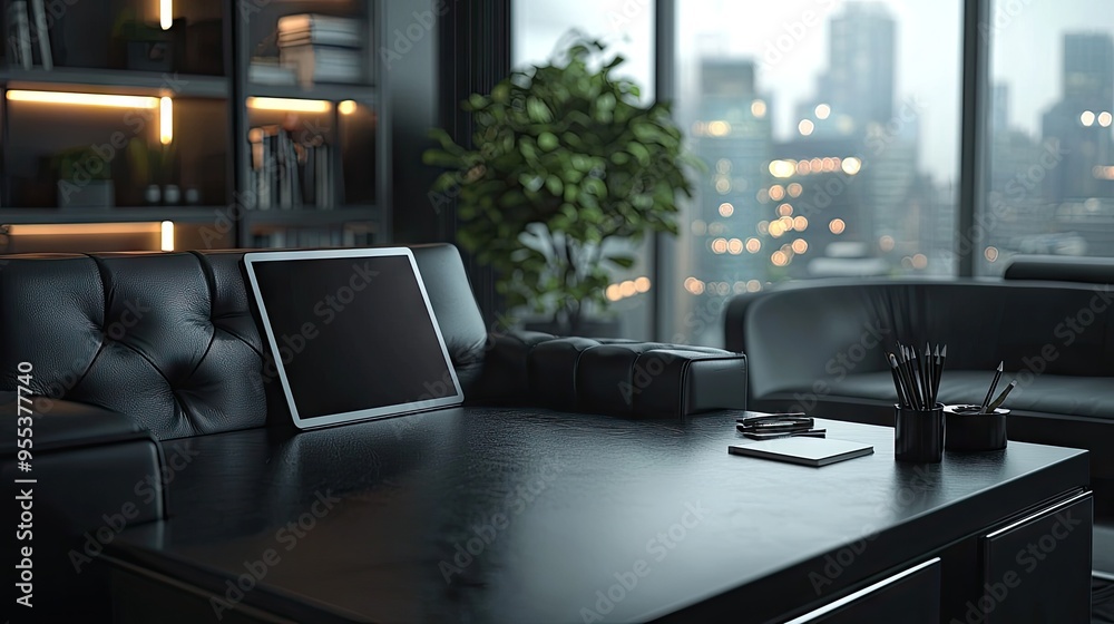 Dark modern workplace with tablet and office supplies on a black leather background Dark modern workplace with tablet and office supplies on a black leather background