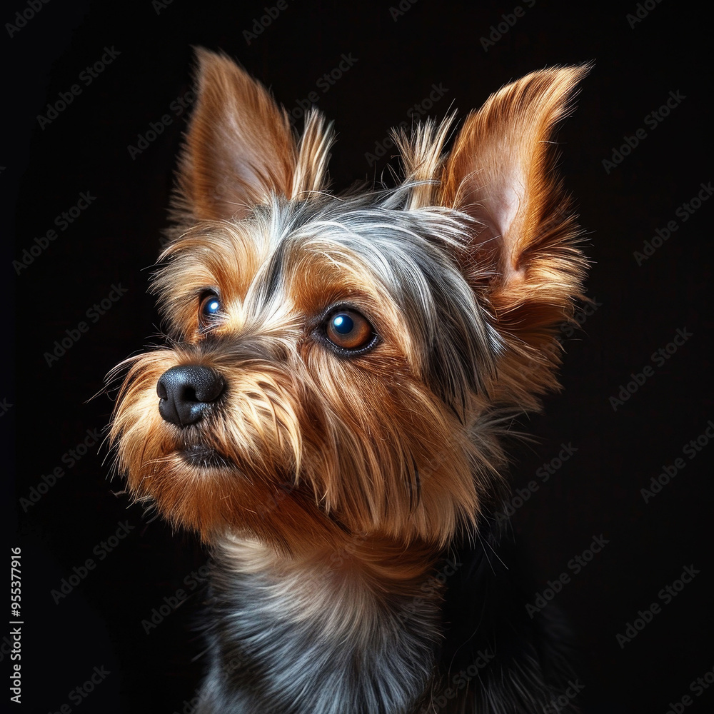 Naklejka premium Yorkshire Terrier dog portrait in studio on black background