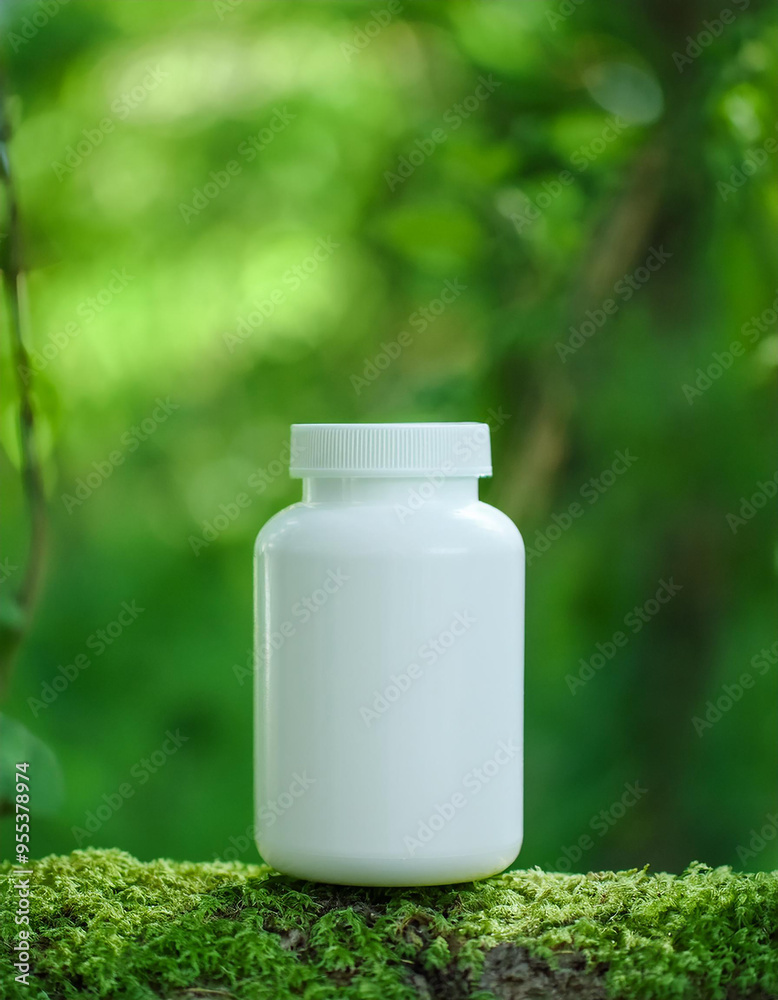 White medical plastic jar on natural green background. Packaging for drugs, vitamins. Pill container. White medical plastic jar on natural green background. Packaging for drugs, vitamins. Pill container.