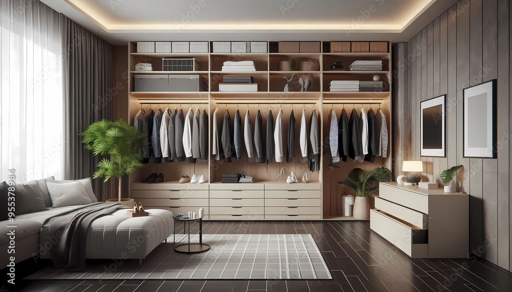 Modern minimalist men walk in wardrobe with clothes hanging on rods ...