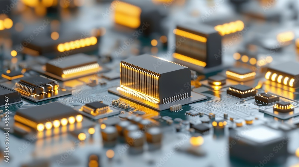 Obraz premium Close-Up of Modern Electronic Circuit Board with Glowing Microchips and Components