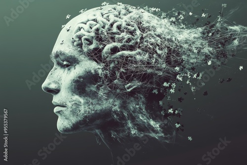 Neurobehavioral disorders Cognitive neuroscience Digital portrait of a man with glitch effects representing the fragmentation of identity in the digital world photo