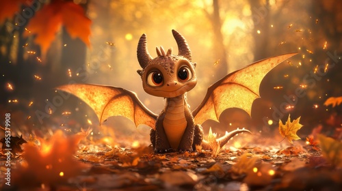 Charming dragon with big eyes among autumn leaves and fireflies, fantasy atmosphere photo