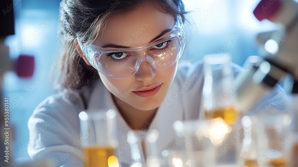 a woman in a lab coat and goggles looking at a flask of liquid a woman in a lab coat and goggles looking at a flask of liquid