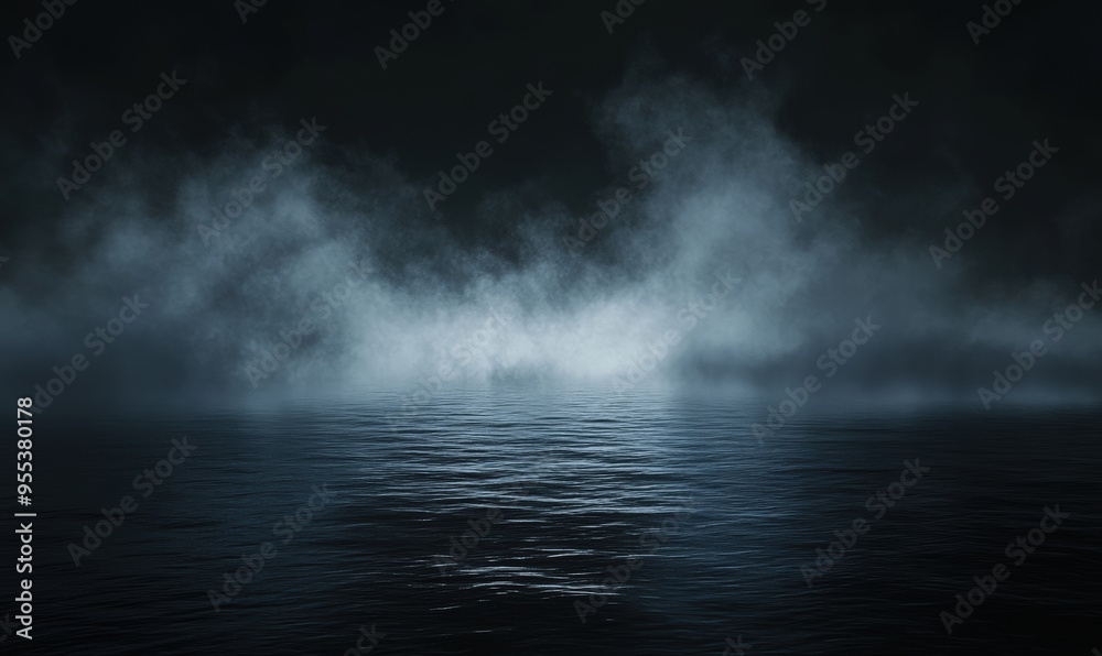Dark background with fog and smoke, night sky, ocean floor, flat ground, backdrop for product display presentation, dark gray background