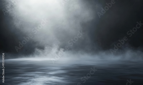 Dark background with fog and smoke, night sky, ocean floor, flat ground, backdrop for product display presentation, dark gray background