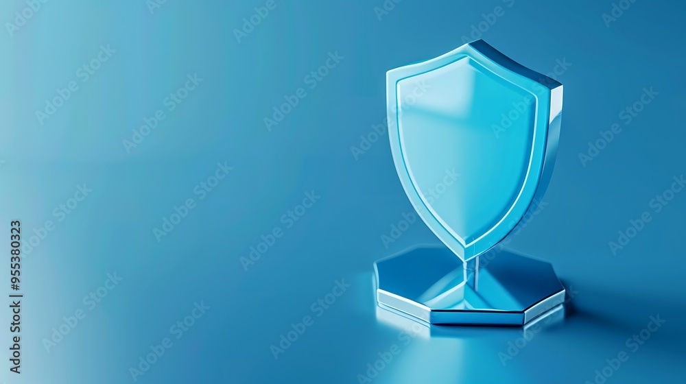 Blue shield trophy standing on blue background symbolizing security, protection, and achievement in a professional or competitive context. Blue shield trophy standing on blue background symbolizing security, protection, and achievement in a professional or competitive context.
