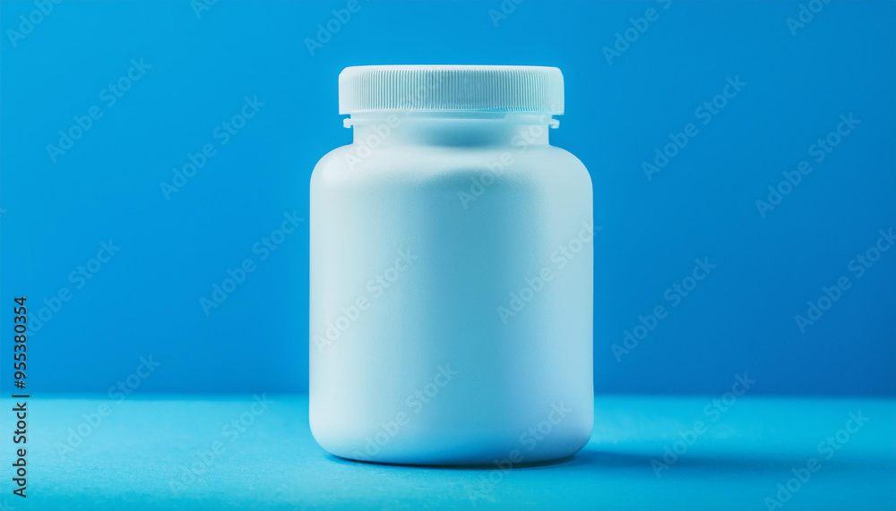 White medical plastic jar against blue backdrop. Packaging for drugs, vitamins. Pill container. White medical plastic jar against blue backdrop. Packaging for drugs, vitamins. Pill container.