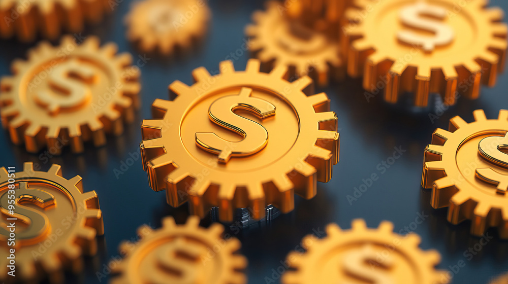 Golden gears with dollar signs symbolize the connection between finance and industry in a creative concept. Golden gears with dollar signs symbolize the connection between finance and industry in a creative concept.
