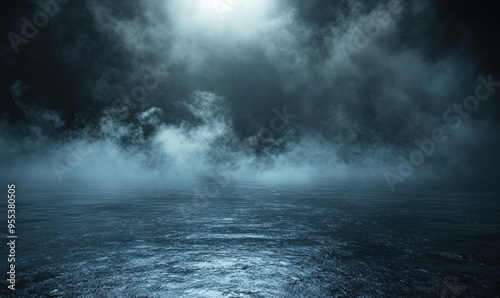 Dark background with fog and smoke, night sky, ocean floor, flat ground, backdrop for product display presentation, dark gray background