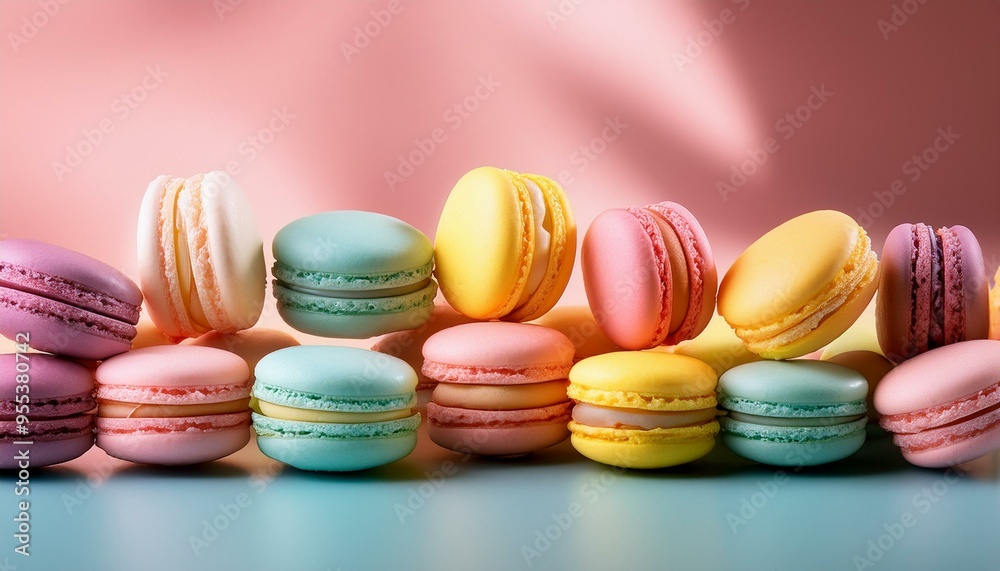 Obraz premium お菓子のマカロンをお洒落に配置、カラフルなグラデーション、キュートな背景画像 Generated by AI