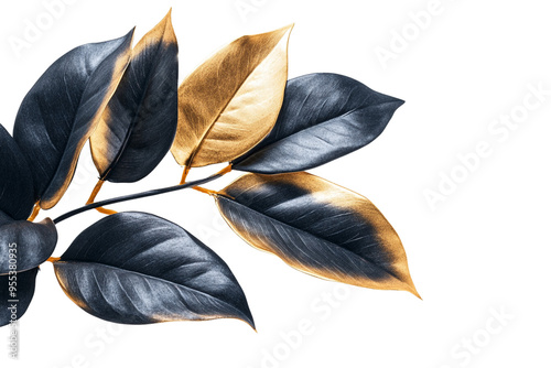 
Metallic Black and gold leaves white background Product and Photography Concept