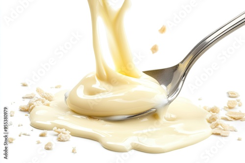 Creamy white liquid pouring from spoon. Perfect for advertisements about milk, dairy, or desserts.