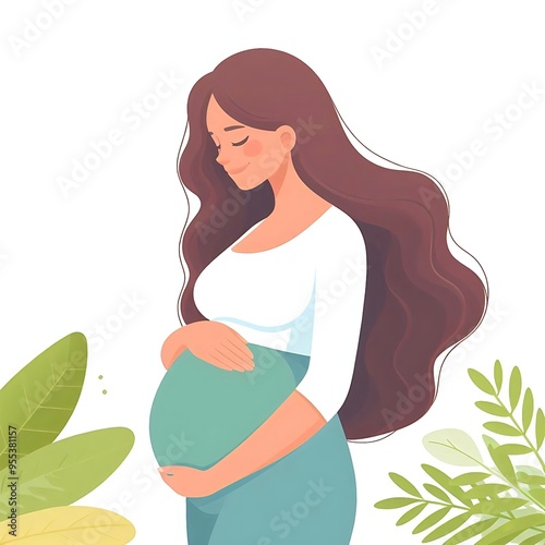 pregnant woman flat style illustration white background isolated pastel colors postcard mother photo