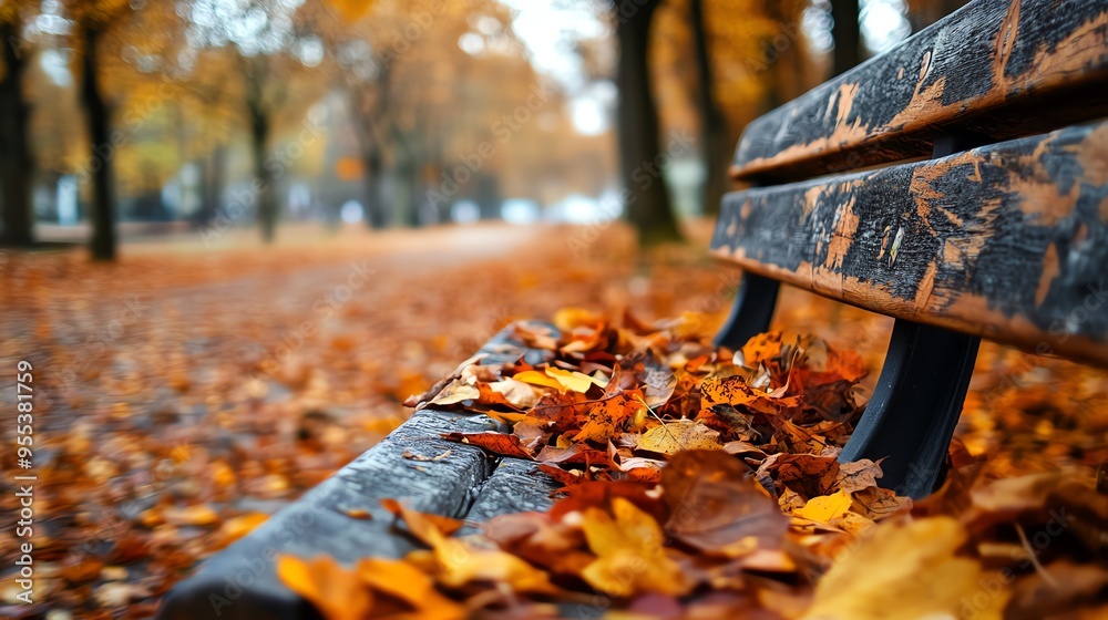 A serene park scene featuring a wooden bench surrounded by vibrant autumn leaves in rich orange and yellow hues. A serene park scene featuring a wooden bench surrounded by vibrant autumn leaves in rich orange and yellow hues.