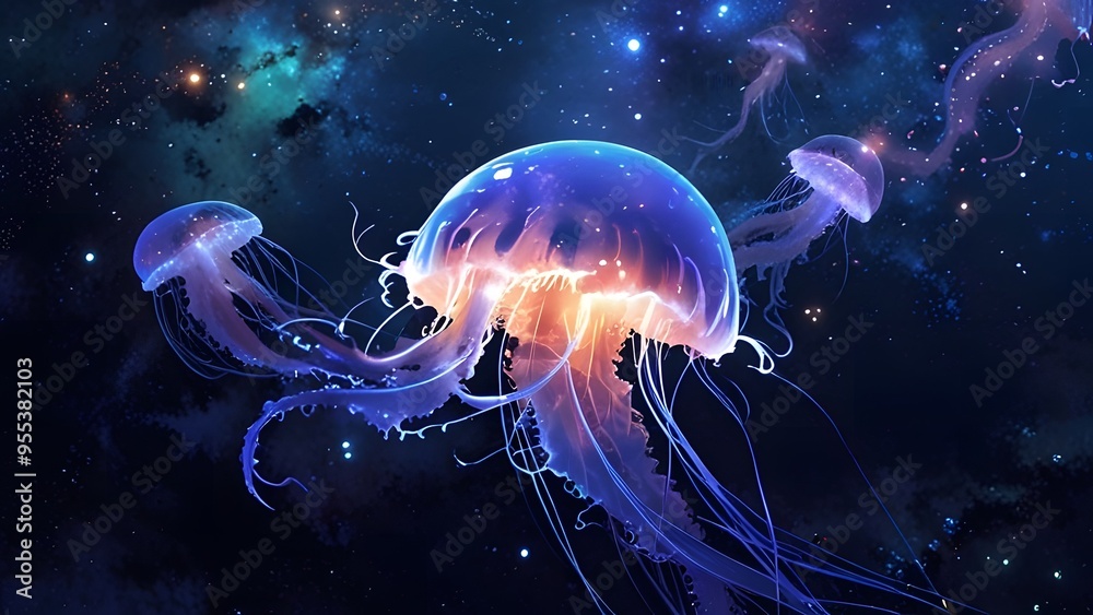 Fototapeta premium Glowing ethereal jellyfish gracefully drifting through the cosmic depths of space, creating a surreal and mesmerizing scene of aquatic life in an otherworldly environment.