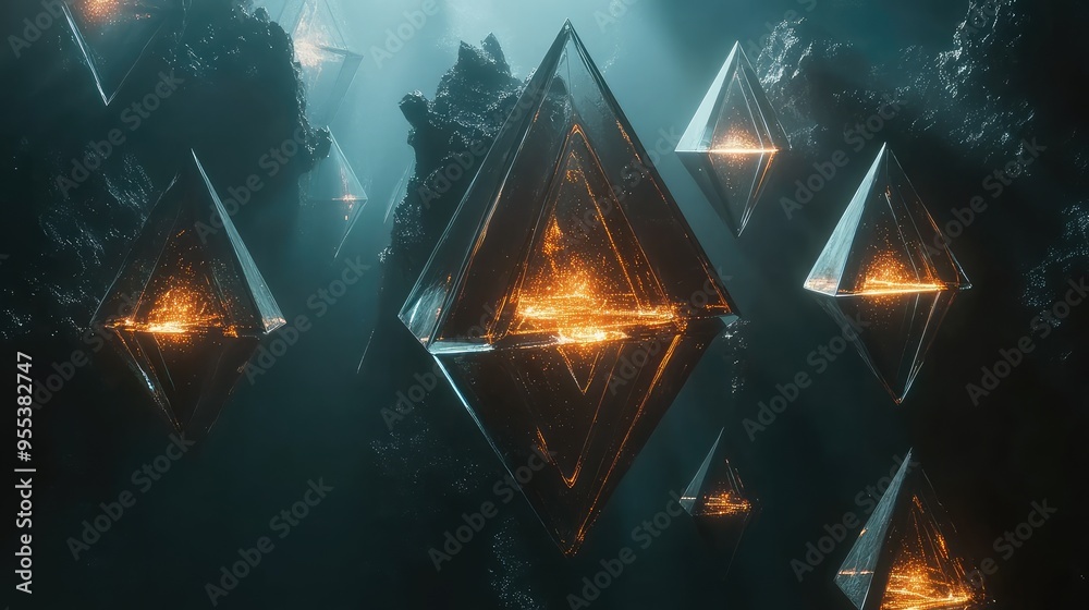 A floating network of glass triangles, each glowing internally, set against a vast, dark background A floating network of glass triangles, each glowing internally, set against a vast, dark background