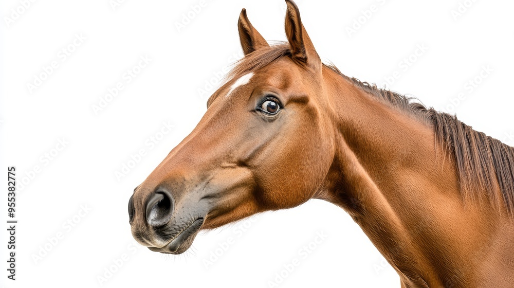 Fototapeta premium A close-up portrait of a brown horse with a white star on its forehead looking curiously off to the side. The horse's mane is flowing and its eyes are wide open. The image is taken against a white bac